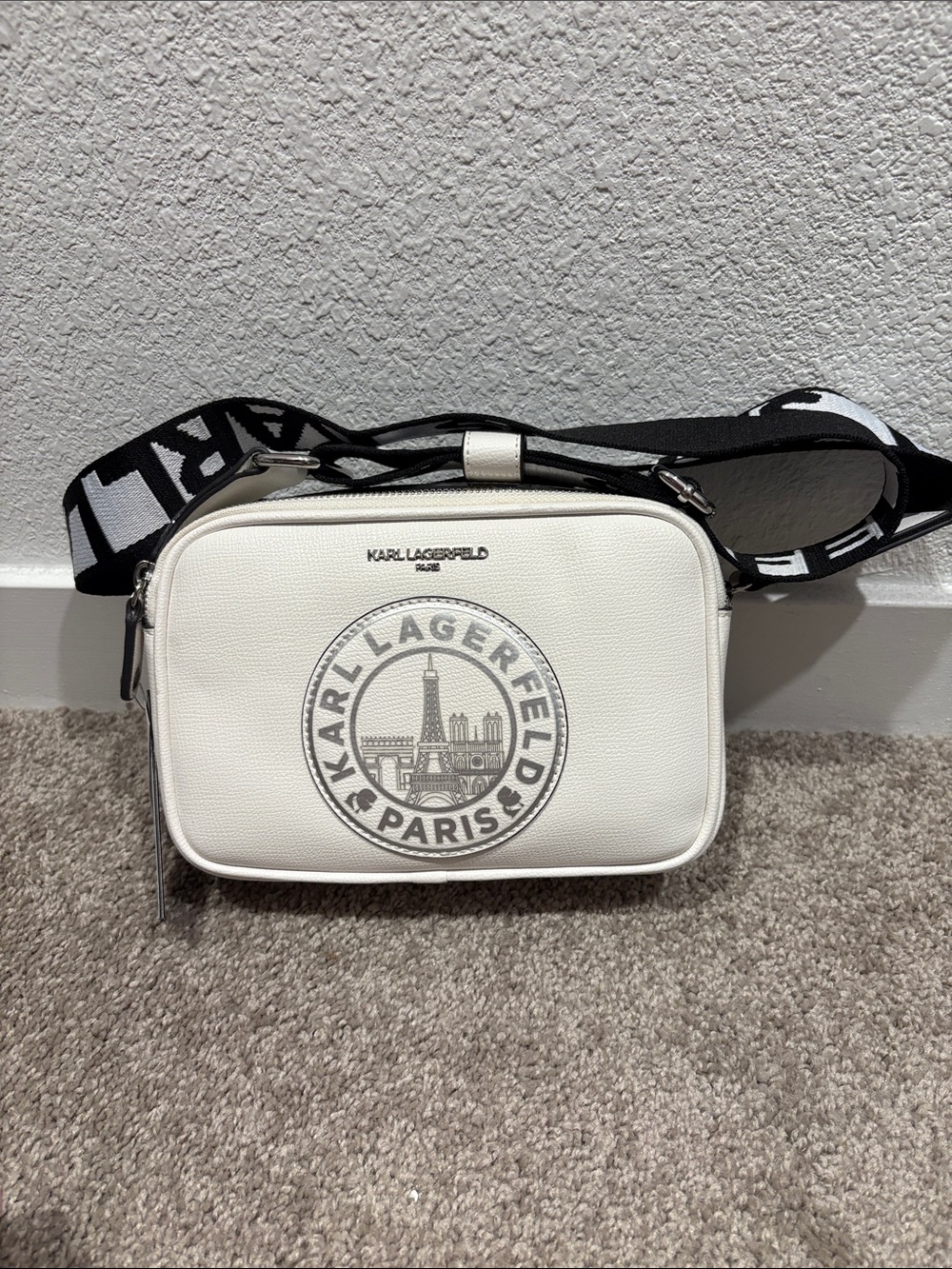 Karl Lagerfeld White Crossbody Camera Bag with Black Logo Strap